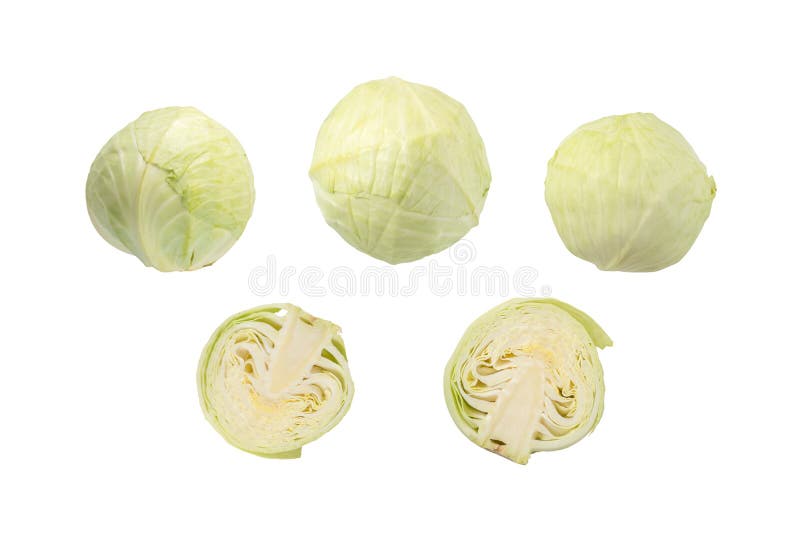 Cabeças de repolho inteiras e separadas pela metade fotos de stock