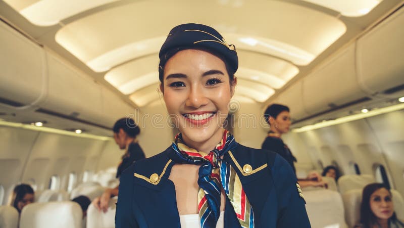 Cabin Crew or Air Hostess Working in Airplane Stock Image - Image of ...