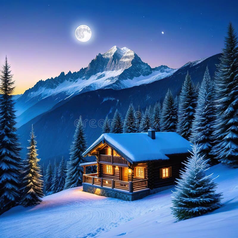 A cabin in the mountains with a snow covered mountain in the background and a full moon in the vector illustration
