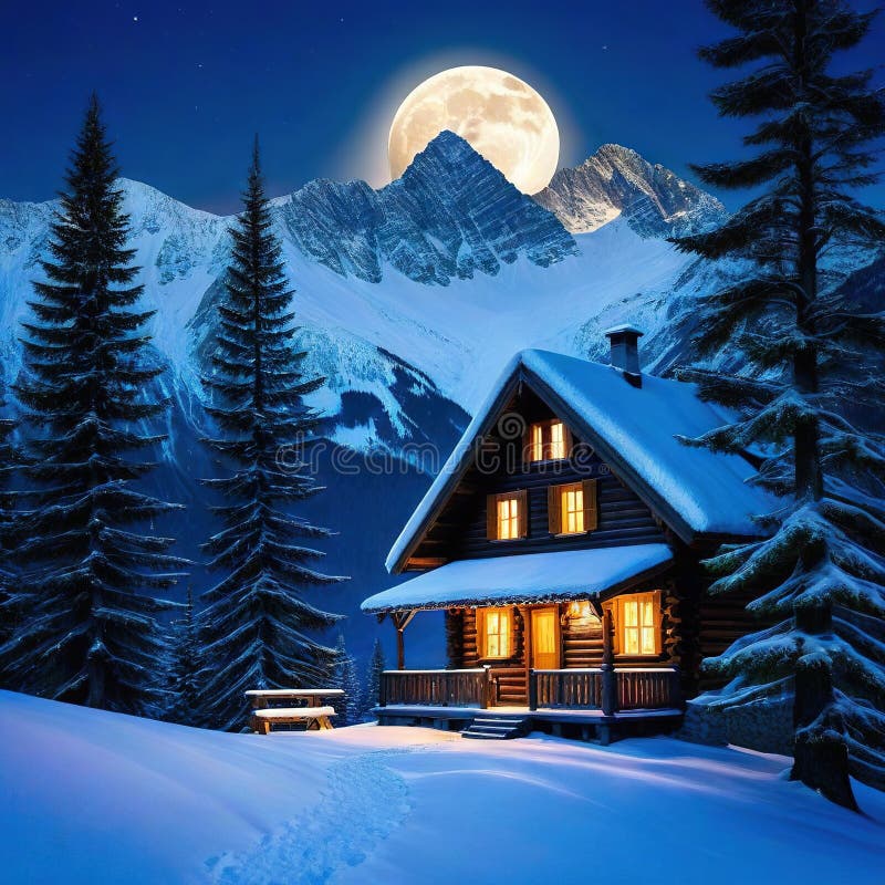 A cabin in the mountains with a snow covered mountain in the background and a full moon in the vector illustration