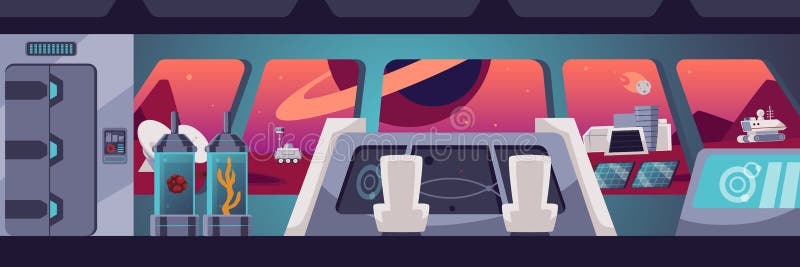 Cabin of the spacecraft. Fantasy spaceship interior, vector flat illustration. Astronomical technologies. vector illustration