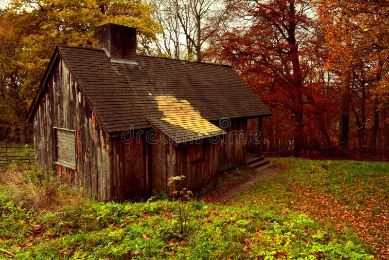 Cabina abandonada vieja en el bosque del estado de Ashridge, Hertfordshire, Inglaterra en Autimn imagen de archivo Cabina abandonada vieja en el bosque del estado de Ashridge, Hertfordshire, Inglaterra en Autimn imagen de archivo
