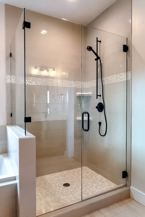 Cabina de ducha con encimera de medio cristal y cabezal y asidero de ducha negro