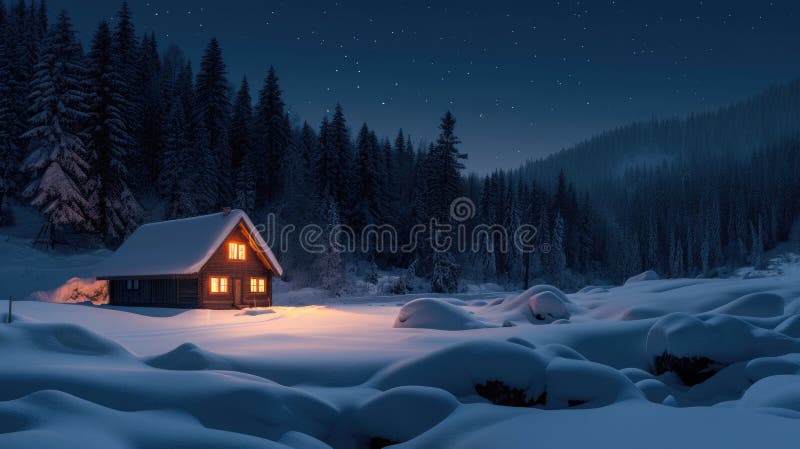 A lone log cabin radiates warmth with its glowing windows against the twilight of a tranquil, snow-covered forest landscape. Resplendent. AI generated. A lone log cabin radiates warmth with its glowing windows against the twilight of a tranquil, snow-covered forest landscape. Resplendent. AI generated