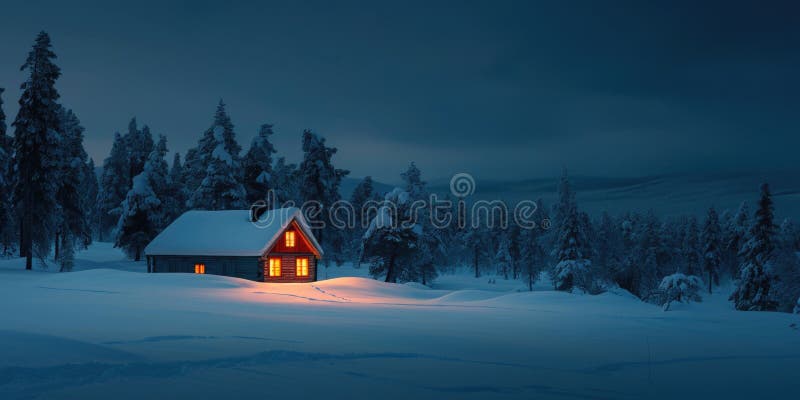 A lone log cabin radiates warmth with its glowing windows against the twilight of a tranquil, snow-covered forest landscape. Resplendent. AI generated. A lone log cabin radiates warmth with its glowing windows against the twilight of a tranquil, snow-covered forest landscape. Resplendent. AI generated