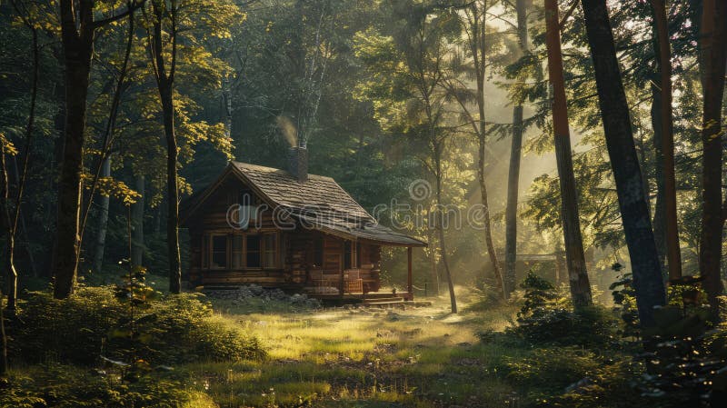 Secluded cabin in dense forest, with sunlight filtering through trees for a tranquil retreat. Private retreats. AI generated. Secluded cabin in dense forest, with sunlight filtering through trees for a tranquil retreat. Private retreats. AI generated