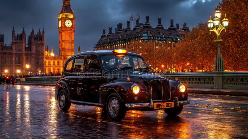 Cabine noire sur le pont de westminster avec grand ben en arrière-plan photos libres de droits