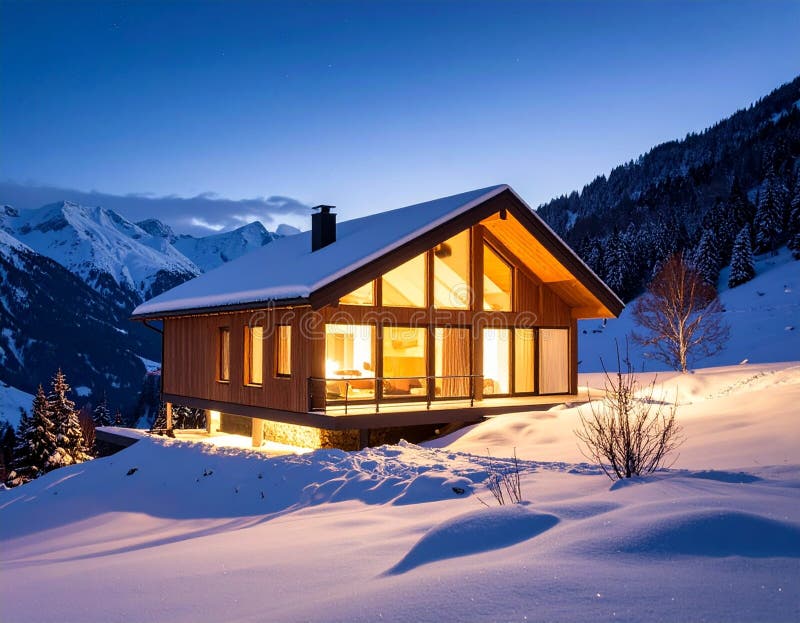 Cabină modernă iluminată pe Valea Muntelui înzăpezit pe timp de noapte stock illustration