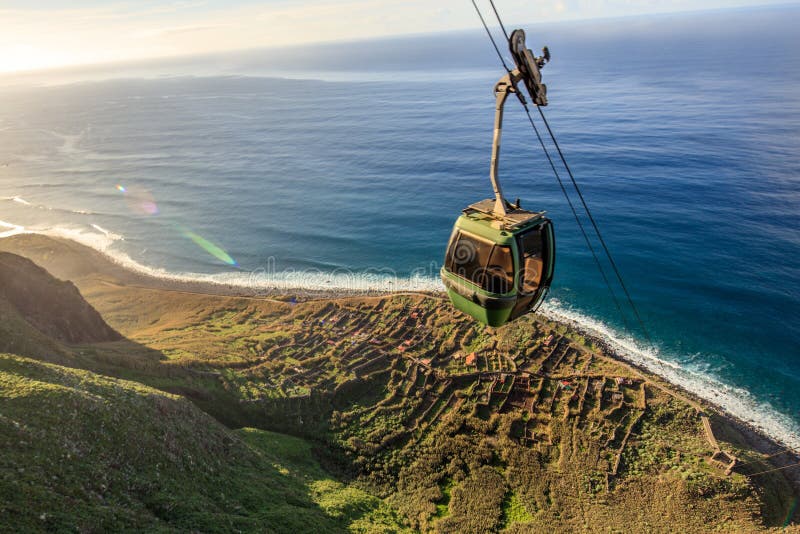 Cable Car Going Down Along the Cliffs, Achadas Da Cruz, Madeira Stock