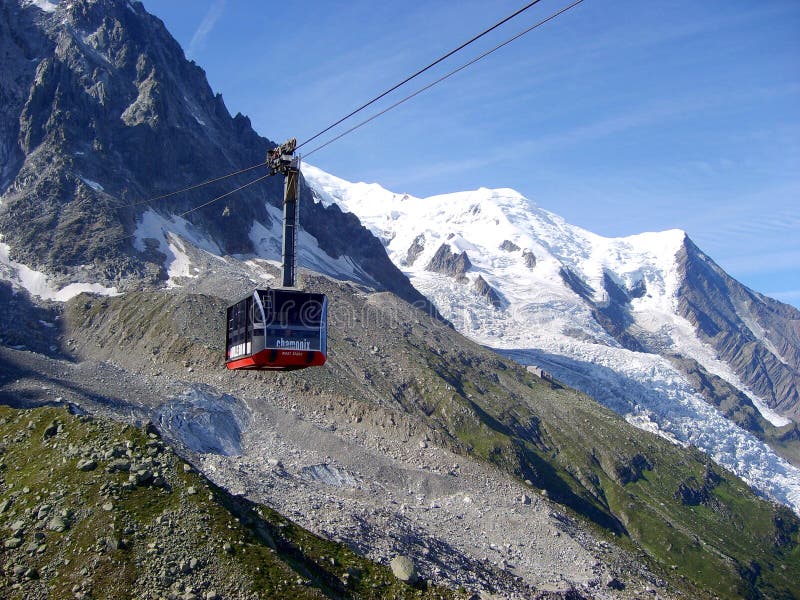 Cable Car on the Mont Blanc Mountain Massif, Summer Landscape Stock