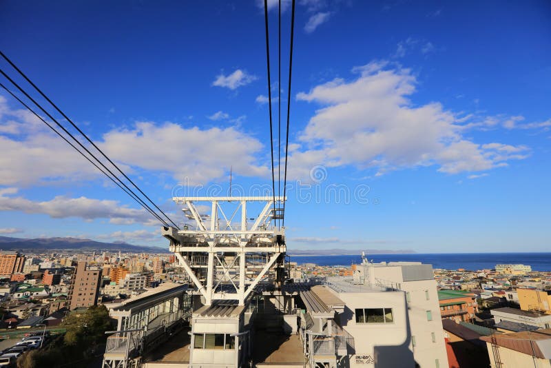 The Cable car of Mt. Hakodate ropeway with cityscape view stock image