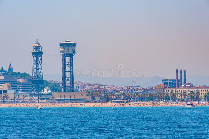 Cable Car Over Beach in Barcelona, Spain Stock Photo