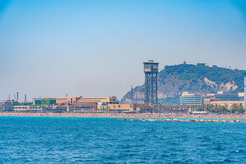 Cable Car Over Beach in Barcelona, Spain Editorial Image