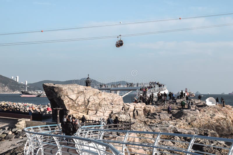 Cable Car Over a Sky Walk on a Beach in Busan South Korea Stock Image