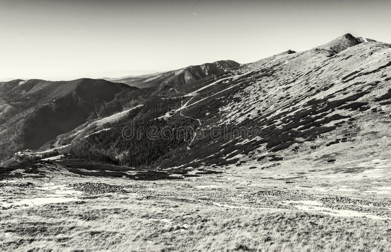 Cable car to the Chopok peak, lift station in Low Tatras mountains, colorless