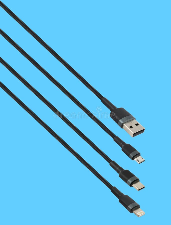 Cable Con Usb Micro Usb Lightning Y Conector Typec En Fondo Azul Imagen