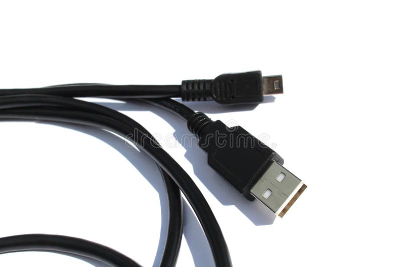 The black cable for connection lies on a white isolated background. stock image
