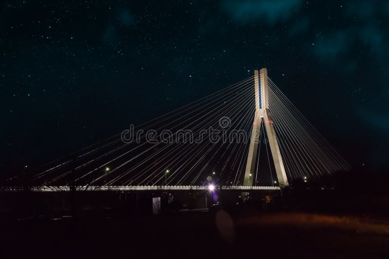 Cable-stayed bridge close-up at night royalty free stock image