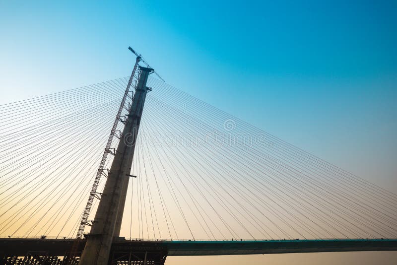 The cable-stayed bridge construction royalty free stock photo