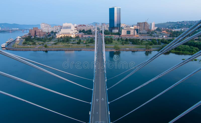 With the cable-stayed bridge in Krasnoyarsk stock photo