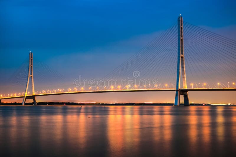 Cable stayed bridge at night stock photo