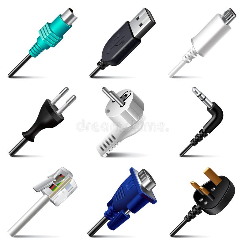 Cables and plugs icons vector set