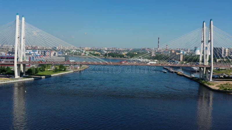 Aerial view of cable-stayed bridge with cars in St.Petersburg. Aerial view of cable-stayed bridge with cars in St.Petersburg