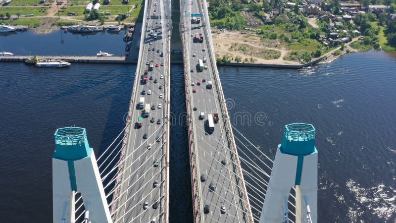 Aerial view of cable-stayed bridge with cars in St.Petersburg. Aerial view of cable-stayed bridge with cars in St.Petersburg