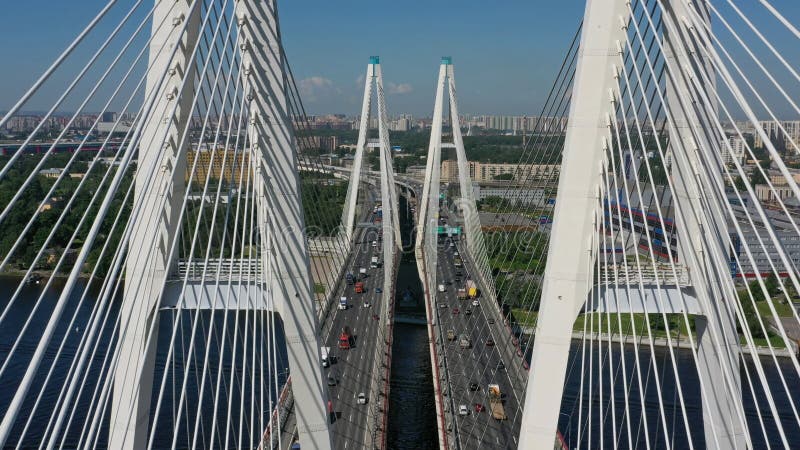 Aerial view of cable-stayed bridge with cars in St.Petersburg. Aerial view of cable-stayed bridge with cars in St.Petersburg