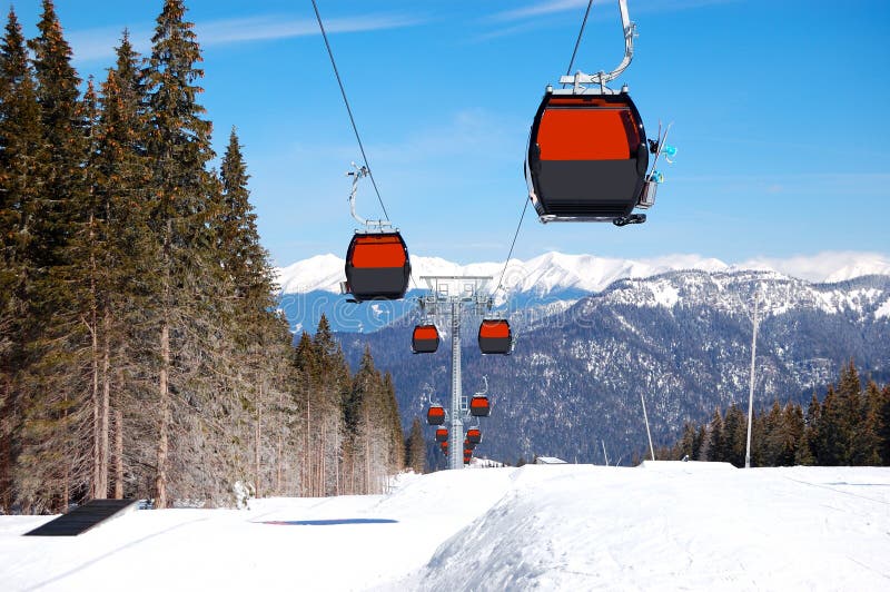 Cableway cabins at the popular ski resort