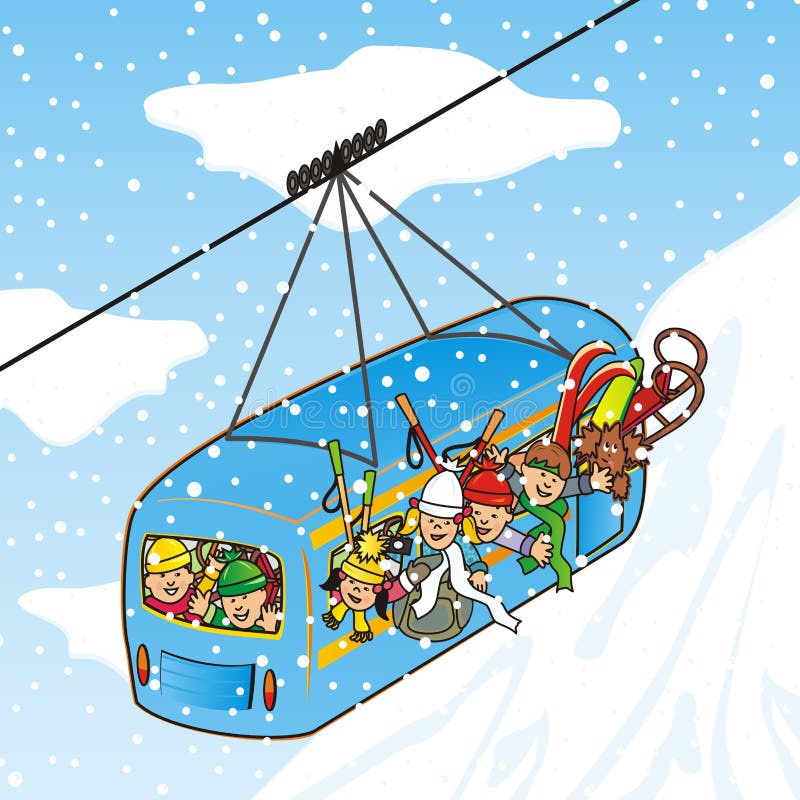 Cableway in winter, group of children, vector illustration