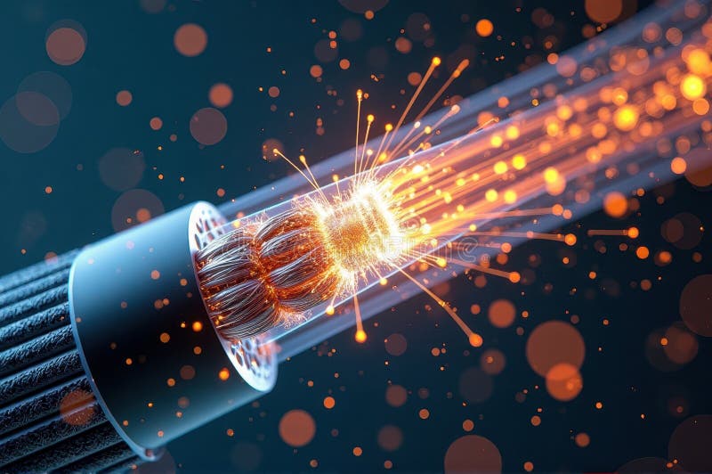 Cablu de fibră optică strălucitoare cu explozii dinamice de lumină stock images
