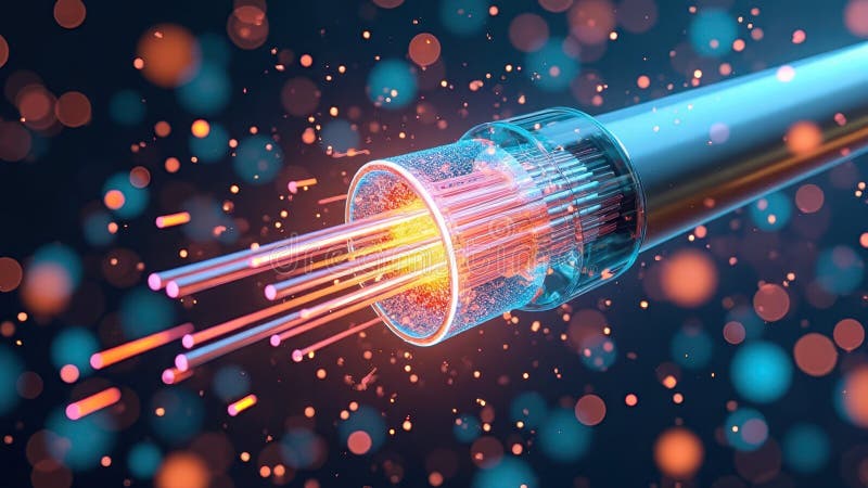 Cablu de fibră optică strălucitoare cu particule de lumină colorate în mișcare royalty free stock photography