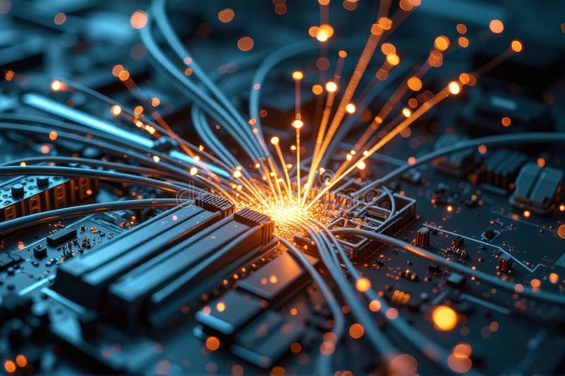 Cabluri de fibră optică strălucitoare care se interconectează pe placa de bază a calculatorului stock image