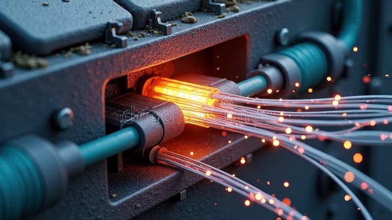 Cabluri de fibră optică strălucitoare conectate la un hub de rețea care emit scântei royalty free stock image