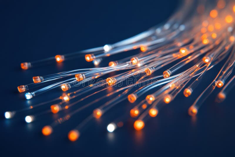 Cabluri de fibră optică strălucitoare iluminate cu lumină portocalie și albă pe fundal întunecat. stock photo