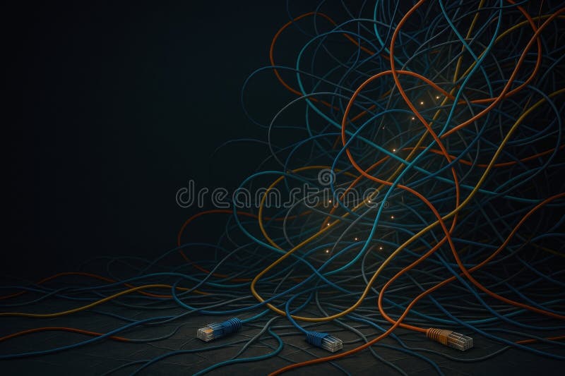 Cabluri de rețea interconectate într-un spațiu întunecat haotic. Spațiu pentru text. royalty free stock photo