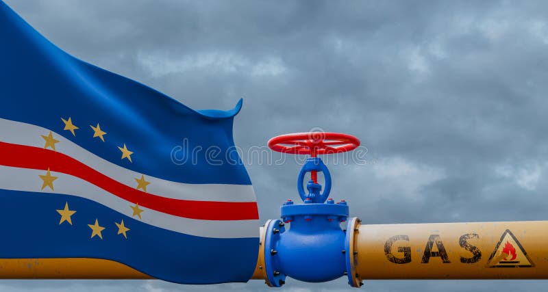 Cabo Verde gas, valve on the main gas pipeline Cabo Verde, Pipeline with flag Cabo Verde, Pipes of gas from Cabo Verde, 3D work stock illustration