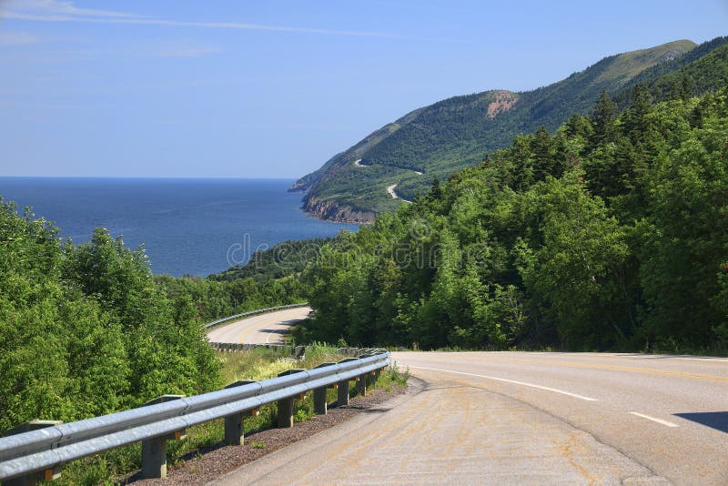 Cabot Trail Along Mountains With Coastline royalty free stock photos