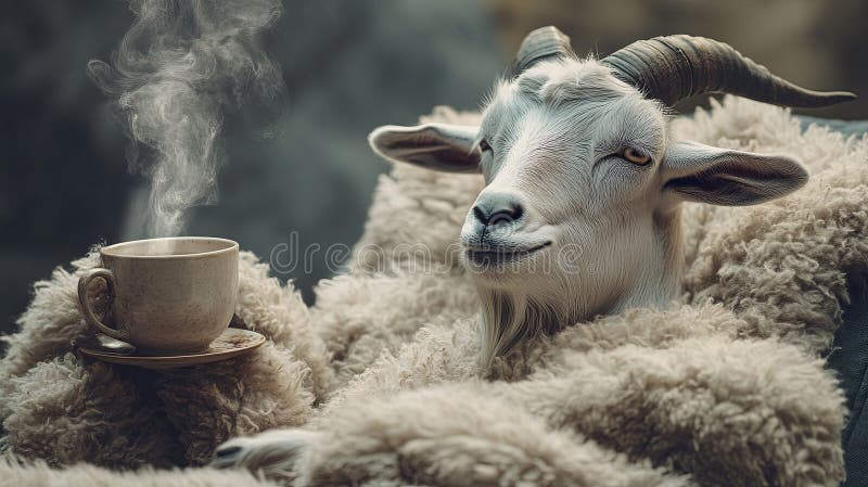 Cabra relajada en una toga esponjosa disfrutando de una taza de té de hierbas al vapor. generado por IA