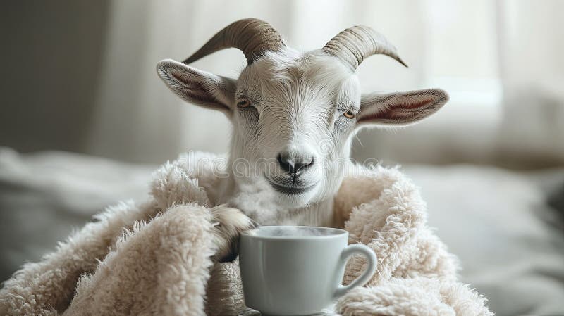 Cabra relajada en una toga esponjosa disfrutando de una taza de té de hierbas fotos de archivo libres de regalías