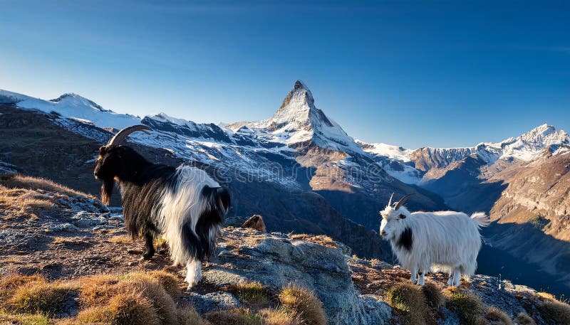 Cabras alpinas blancas y negras en la cima de la montaña. Magnífica vista matutina con el pico de Matterhorn al fondo libre illustration
