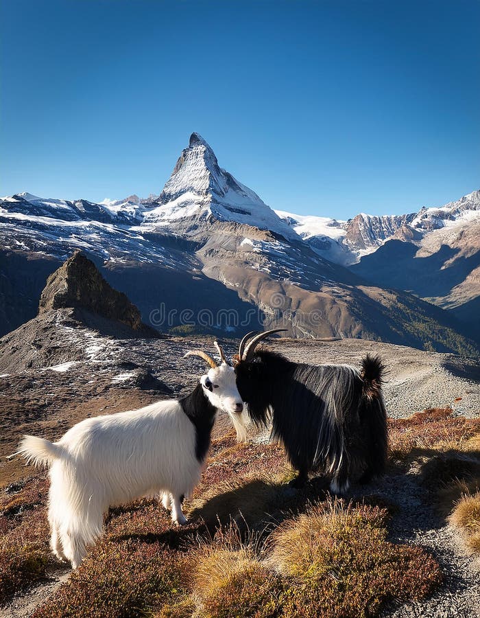 Cabras alpinas blancas y negras en la cima de la montaña. Magnífica vista matutina con el pico de Matterhorn al fondo libre illustration