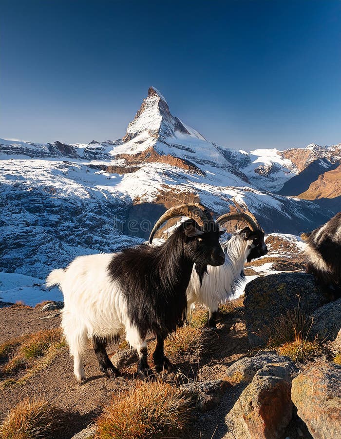 Cabras alpinas blancas y negras en la cima de la montaña. Magnífica vista matutina con el pico de Matterhorn al fondo ilustración del vector