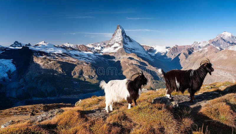 Cabras alpinas blancas y negras en la cima de la montaña. Magnífica vista matutina con el pico de Matterhorn al fondo libre illustration