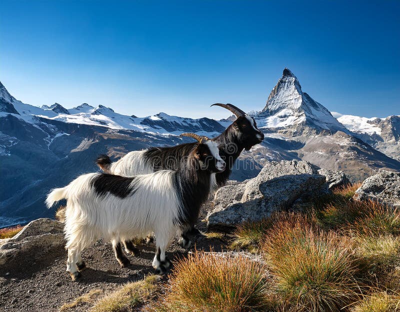 Cabras alpinas blancas y negras en la cima de la montaña. Magnífica vista matutina con el pico de Matterhorn al fondo libre illustration
