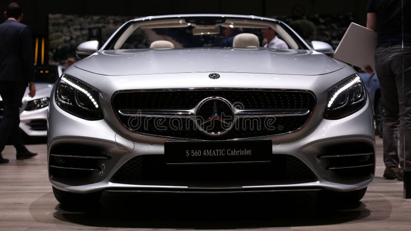 Mercedez Benz S560 Cabriolet car in a silver color and white leather interior. Photographed in Geneva International Motor Show GIMS 2019. Closeup details the luxurious S-series premium vehicle. Mercedez Benz S560 Cabriolet car in a silver color and white leather interior. Photographed in Geneva International Motor Show GIMS 2019. Closeup details the luxurious S-series premium vehicle.