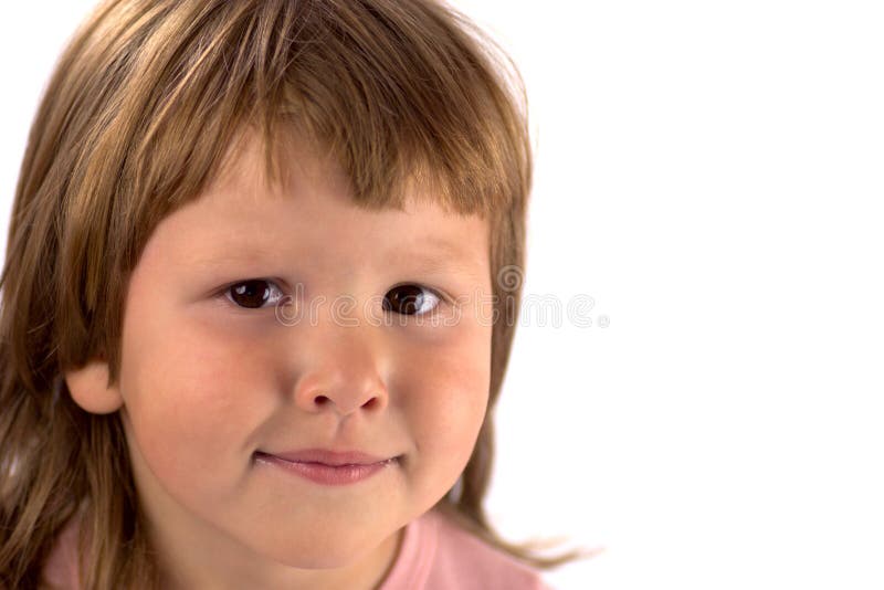 Portrait of Smiling kid wearing pink closes looking at you isolated on white. Portrait of Smiling kid wearing pink closes looking at you isolated on white