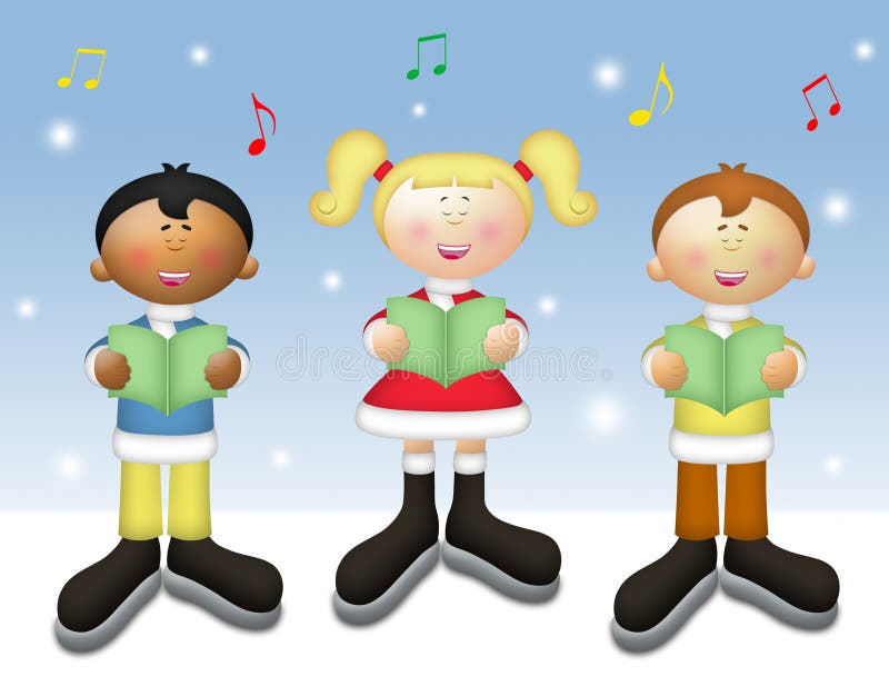 Three kids singing Christmas carols in winter setting. Three kids singing Christmas carols in winter setting.