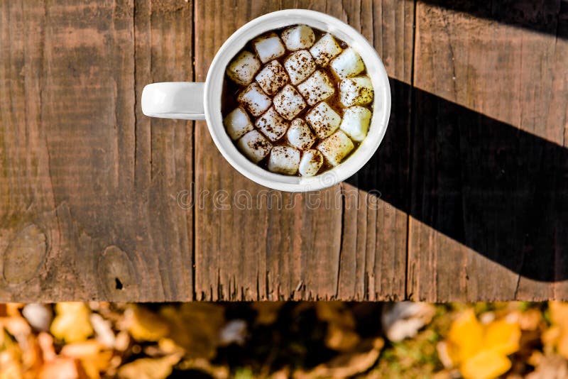 Cacao chaud avec des guimauves sur le Tableau coloré de rouille dehors image libre de droits Cacao chaud avec des guimauves sur le Tableau coloré de rouille dehors image libre de droits